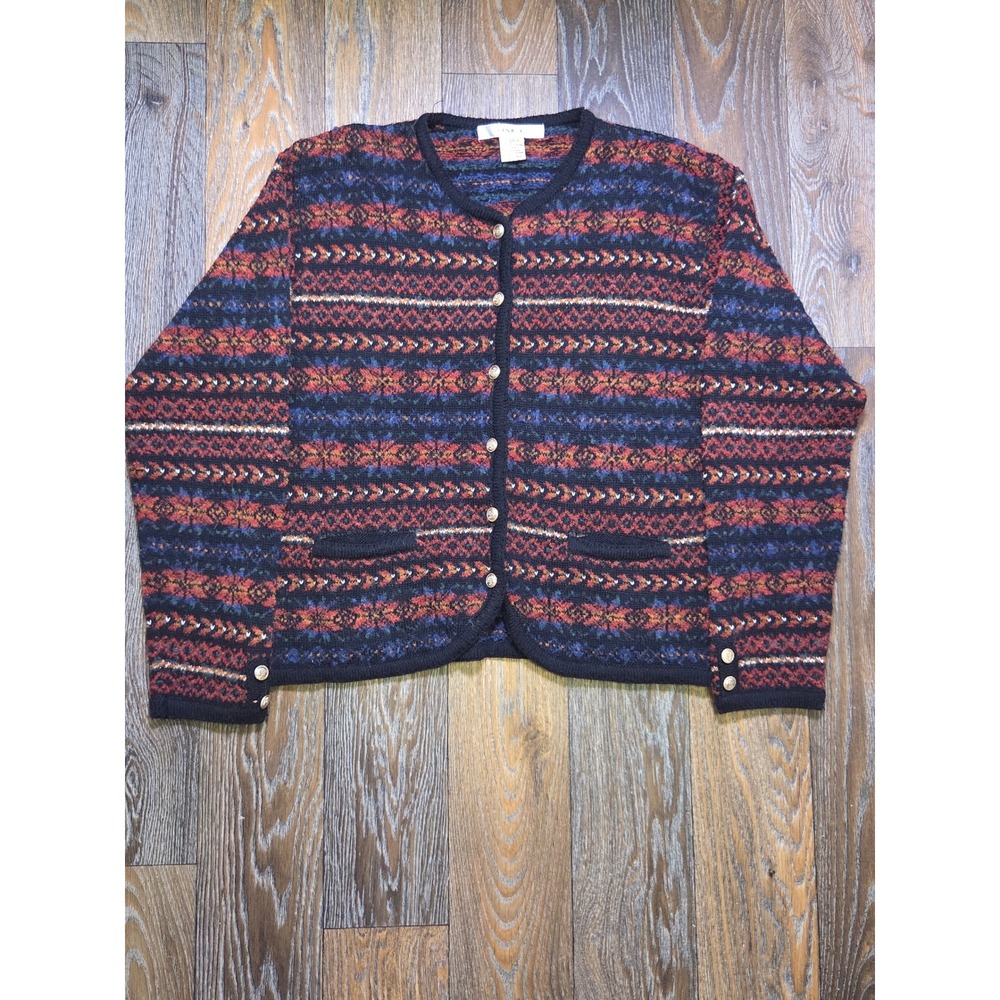 Lise J Womens Fair Isle Knit Cardigan Sweater Wool Blend Gold Buttons Navy Red L